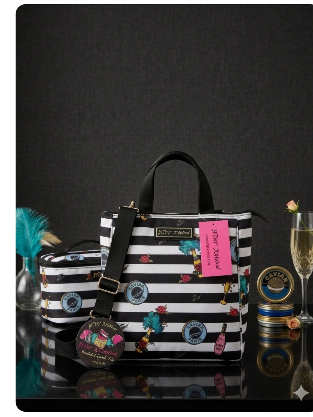 BETSEY JOHNSON NWT POP THE BUBBLY” BLACK WHITE STRIPED INSULATED LUNCH TOTE